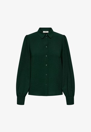 Ciemnozielona bluzka z długim rękawem, z kołnierzykiem, zapięciem na guziki oraz marszczonymi rękawami. Teksturowany materiał z delikatnym wzorem.
