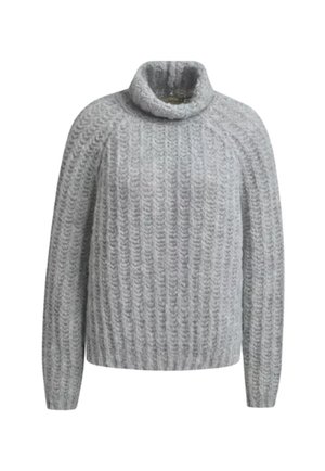 Hellgrauer Strickpullover mit hohem Kragen. Verfügbar in einem gerippten Muster und mit langen Ärmeln, verfügt er über eine lockere Passform und eine Hüftlänge.