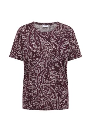 Bordowa koszulka z krótkim rękawem z białym, misternym wzorem paisley i kwiatowym oraz okrągłym dekoltem.