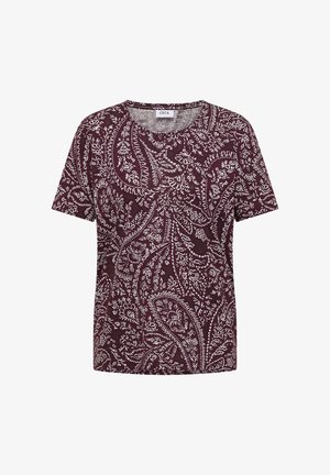 Bavlněné vínové tričko s krátkým rukávem, zdobené bílým složitým vzorem paisley a květinovým motivem, kulatý výstřih.