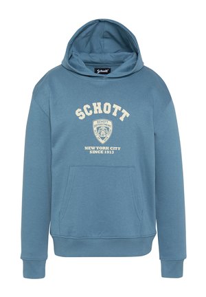Blå hætte sweatshirt med frontlomme, hvid "Schott" tekst, skjoldlogo og "New York City siden 1913" trykt på forsiden.