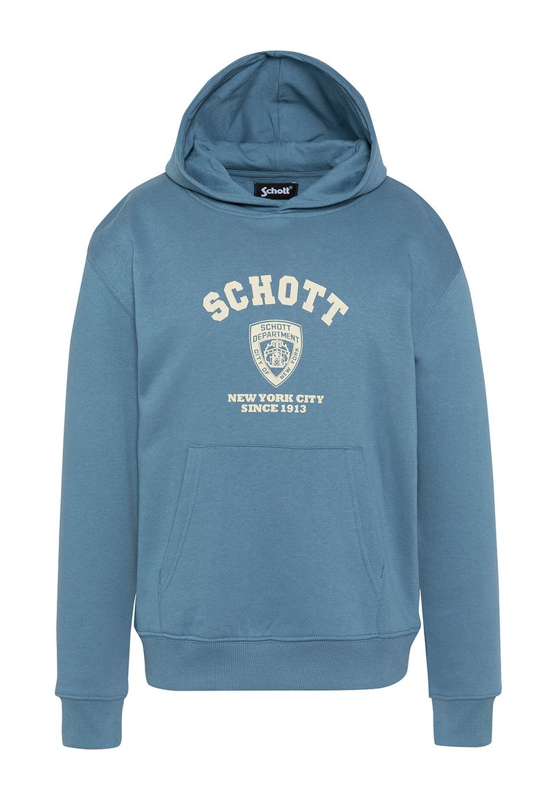 Sudadera azul con capucha y bolsillo frontal, texto blanco "Schott", logo en forma de escudo y "Nueva York desde 1913" impreso en la parte frontal.