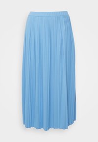Gonna midi plissettata in tessuto azzurro chiaro. Presenta una fascia in vita elastica e un design fluido, offrendo un aspetto morbido e testurizzato.