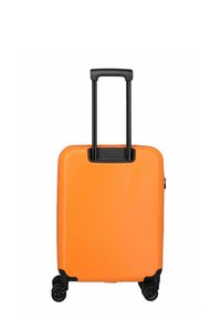 Orange Hartschalenkoffer mit schwarzen Rädern und Griff, rechteckige Form, glatte Oberfläche, mit einem Reißverschluss und stabilen Ecken.