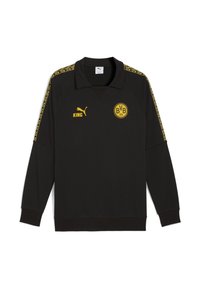 Sort sweatshirt med lange ærmer og krave, gul pynt, BVB-logo og Puma-branding. Har mønstrede sidelister.