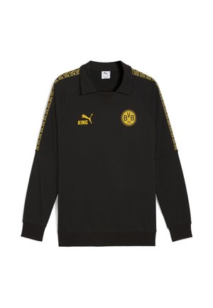 Sort sweatshirt med lange ærmer og krave, gul pynt, BVB-logo og Puma-branding. Har mønstrede sidelister.