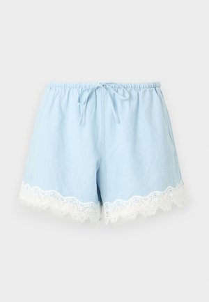 Φωτεινά γαλάζια βαμβακερά σορτς με ελαστική μέση, κορδόνι μπροστά και λευκή δαντέλα κατά μήκος του τελειώματος.