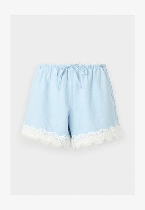 Φωτεινά γαλάζια βαμβακερά σορτς με ελαστική μέση, κορδόνι μπροστά και λευκή δαντέλα κατά μήκος του τελειώματος.