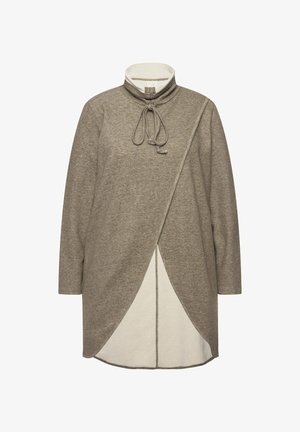 Dlouhý rukáv, šedý top s melírem, vysokým límcem, stahovací šňůrkou a asymetrickým lemem, který má krémové akcenty a strukturovanou tkaninu.