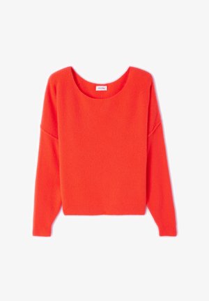 Apelsīnu džemperis ar apaļu kakla izgriezumu, garām piedurknēm un mīkstu, pūkainu tekstūru. Saīsināts dizains ar ribotu apakšmalu. Nav redzamu rakstu vai adīšanas elementu.