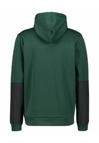 Héâtre verte avec un accent noir sur les manches. Fabriqué en tissu doux, il présente une capuche à cordon et des poignets côtelés au niveau des poignets et de l'ourlet.