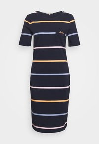 Granatowa sukienka w paski z krótkimi rękawami, z poziomymi paskami w jasnoniebieskim, różowym i pomarańczowym kolorze. Zawiera kieszonkę na piersi i luźny krój.