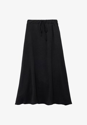 Czarna midi spódnica wykonana z miękkiego materiału z elastycznym paskiem. Ten model charakteryzuje się gładką fakturą i swobodnym kształtem.