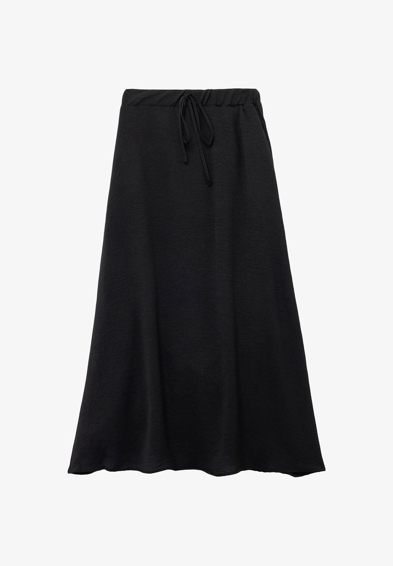 Jupe noire en matière douce avec une taille élastique à cordon. Le design met en avant une texture lisse et une silhouette fluide.