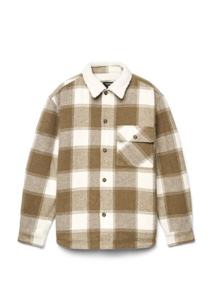 Camicia a quadri marrone e bianca a manica lunga con colletto in pile bianco e taschino sul petto con bottone sul lato sinistro.