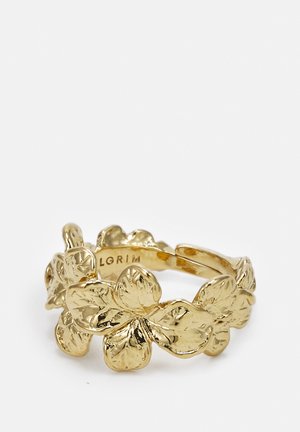 Gold-colored ring featuring a floral design with textured leaves. The band is open, allowing for adjustable sizing.