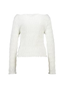 White long-sleeve top with smocked texture. Fitted design, off-shoulder neckline, and ruffled hem at the sleeves and bottom. Smooth fabric.