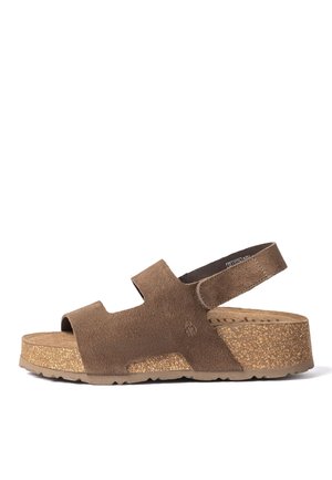 Bruine suède open-toe sandaal met kurk plateauzool en verstelbare achterriem, ontworpen voor casual gebruik.