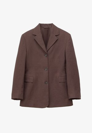 Brown single-breasted blazer with notched lapels, three buttons, and two front flap pockets, laid flat on a white background.