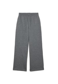 Graue Sweatpants aus weichem Material, mit einem elastischen Bund und Kordelzug. Lockerer Schnitt mit geraden Beinen und ohne sichtbare Muster.