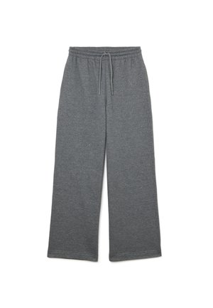 Pantalons de survêtement gris en tissu doux, avec une taille élastique et un cordon de serrage. Coupe ample avec jambes droites et sans motifs visibles.