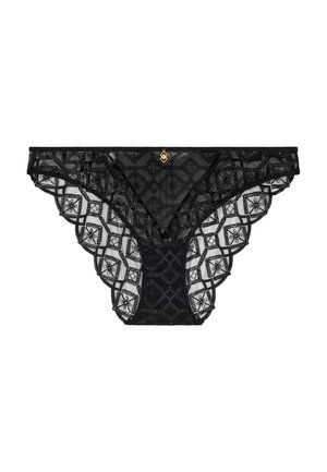 String en dentelle noire avec des motifs géométriques complexes, côtés transparents et panneau central uni, orné d'un petit emblème doré.