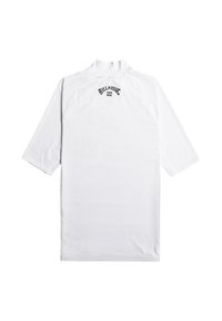 Vit långärmad rash guard med hög krage, raglanärmar och svart "Billabong"-logotyp broderad på ryggen.