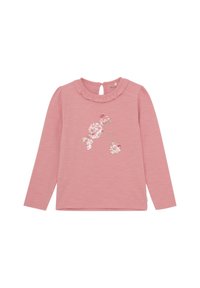 Langärmliges pinkes Oberteil mit einer Rüschenausschnitt und floralem Pailletten-Design. Weicher Stoff mit lässiger Passform und Schlüsselaugenverschluss auf der Rückseite.