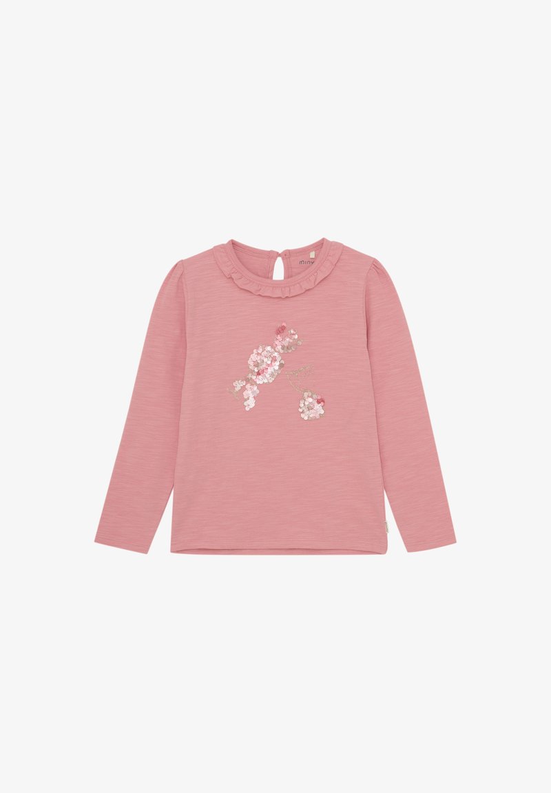Långärmad rosa topp med volangkrage och blommig paljettdesign. Mjuk textur med avslappnad passform och nyckelhål bakre stängning.