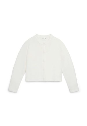 Cardigan bianco corto a maniche lunghe con scollo rotondo e bottoni frontali, mostrato su uno sfondo semplice.