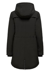 Parka noire à capuche avec une texture lisse, longueur complète à l'arrière et détail de zipper à l'ourlet ; présente un design épuré et minimaliste.