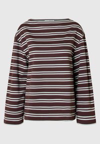 Pikad varrukad, millel on burgundi- ja valge triibuline horisontaalmuster, ümmargune kaelus ning lõdvestunud istuvus, valmistatud pehmest puuvillakangast.