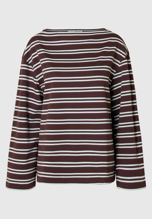 Dlouhý rukáv top s horizontálními pruhy v barvě burgundské červené a bílé, kulatým výstřihem a volným střihem, vyrobený z měkké bavlněné látky.