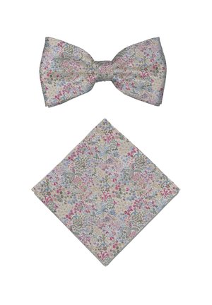 Nœud papillon à motif floral et pochette assortie dans des couleurs douces, comprenant du rose, du bleu et du vert sur un fond clair.