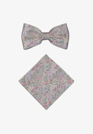 Floral patterned bow tie and matching pocket square in soft colors including pink, blue, and green on a light background.