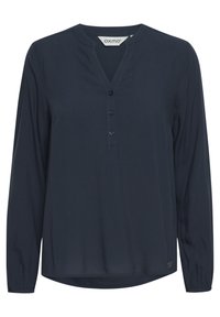 Blusa de manga larga azul marino con escote en V, tapeta de botones y mangas fruncidas. Fabricada en una tela suave con un ligero brillo.