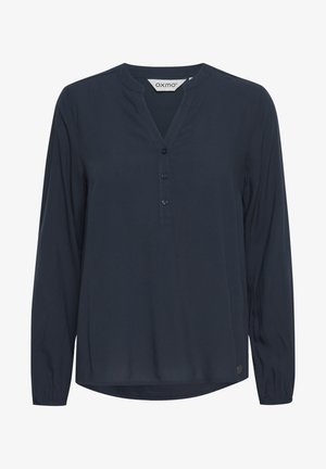 Navy blue long-sleeve blouse with a V-neck, buttoned placket, and gathered sleeves. Made of smooth fabric with a subtle sheen.