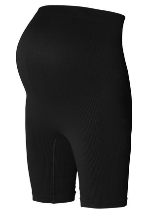 Pantalones cortos negros con canalé, de cintura alta, diseño hasta la rodilla y textura suave, con un panel abierto en la parte posterior.