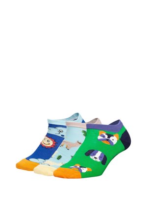 Enkelsokjes in blauw, groen en lichtblauw met dierenpatronen; van een katoenmix met contrasterende oranje, paarse en beige accenten.