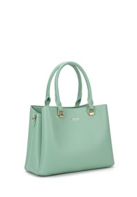 Mintgroene leren tote bag met twee handvatten, gouden hardware accenten, gestructureerde vorm en een gladde textuur. Bevat een logo aan de voorkant.