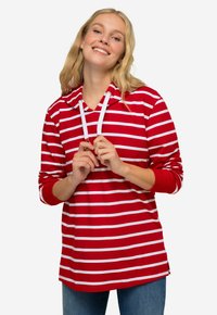 Felpa a strisce rosse e bianche con scollatura a V, maniche lunghe e lacci bianchi. Il materiale sembra morbido e il design offre una vestibilità comoda.