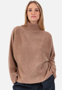 Pull à col roulé côtelé marron avec une coupe ample, une texture douce et un ourlet légèrement plus court, présentant des manches longues et une silhouette décontractée.