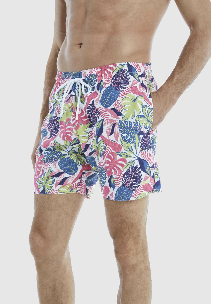 Bunte Badeshorts mit einem floralen Muster in Pink, Grün und Blau. Aus leichtem Material mit elastischem Bund und Kordelzug gefertigt.