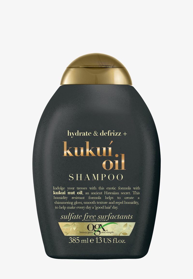 Czarna butelka szamponu z złotą zakrętką, oznakowana "hydrate & defrizz kukui oil shampoo", zawierająca 385 ml, formuła bez siarczanów dla gładkich włosów.