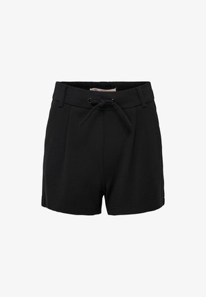 Czarne szorty z miękkiego materiału, z regulowanym ściągaczem w pasie, fałdami i długości do połowy uda.
