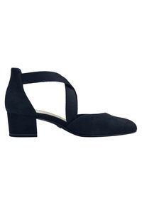 Tyrkysové semišové lodičky s špičatou špičkou, středně vysokým blokovým podpatkem a elastickým páskem překrývajícím nárt. Celkově hladká textura.