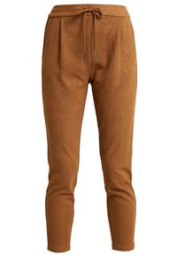 Pantalones jogger marrones con ribetes, cintura con cordón y detalles de pliegues. Piernas ajustadas con una textura suave. Adecuados para uso casual.