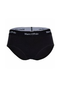 Schwarze Baumwollslip mit glatter Textur. Verfügt über einen grauen elastischen Bund, der mit "Marc O'Polo" in weißen Buchstaben geprägt ist. Klassisches Design.