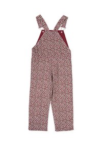 Pantalones de tirantes de estampado floral en burdeos con correas ajustables, que presentan una tela texturizada y pequeños patrones florales en blanco y verde.