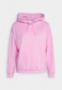 Sweat à capuche rose clair à manches longues, poche kangourou à l'avant, cordons à la capuche, présenté sur fond blanc.